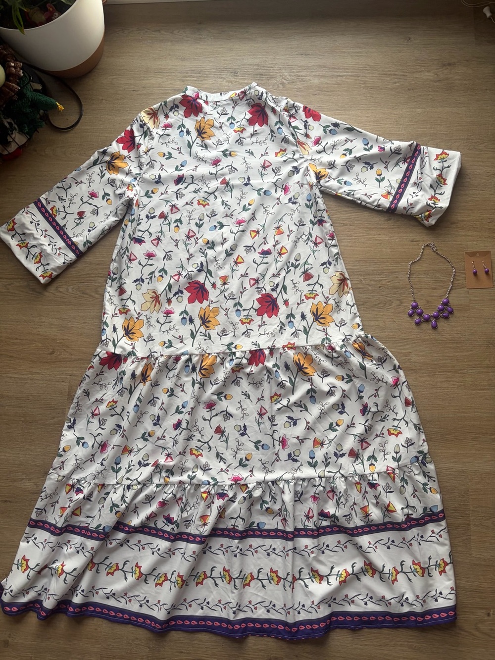 Cottagecore | White Floral Tiered Midi Dress with Purple Trim